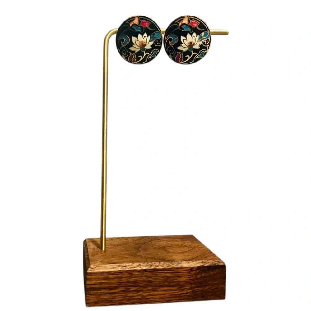 Black Floral Cloisonné Round Stud Earrings with Gold Accents